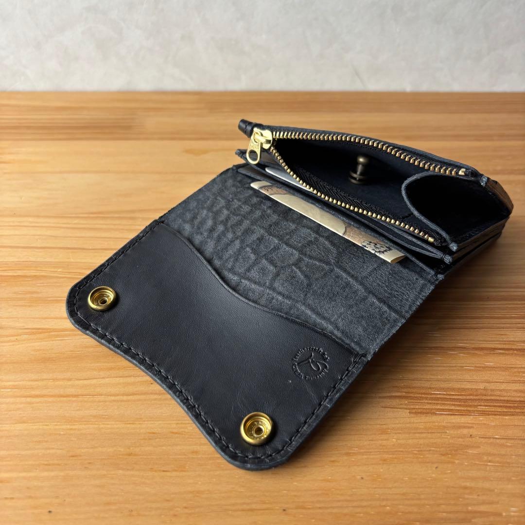 【ブラック&クロコダイル】ショートトラッカーウォレット イタリアンレザー 本革2