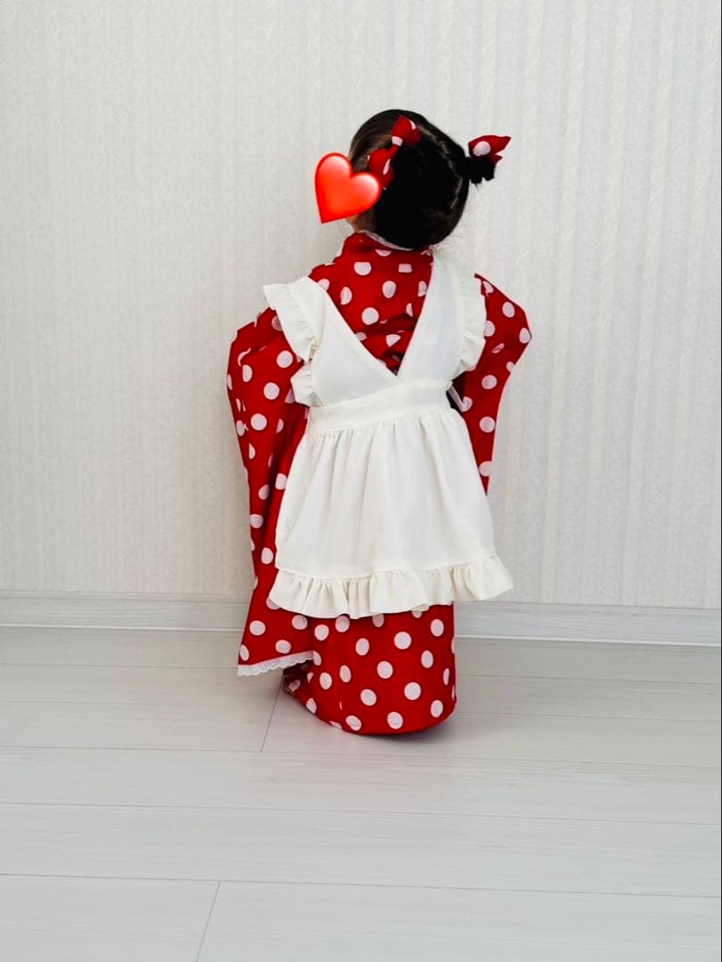 再販　七五三 3歳着物　ミニーちゃん風赤と白の水玉模様　ハンドメイド