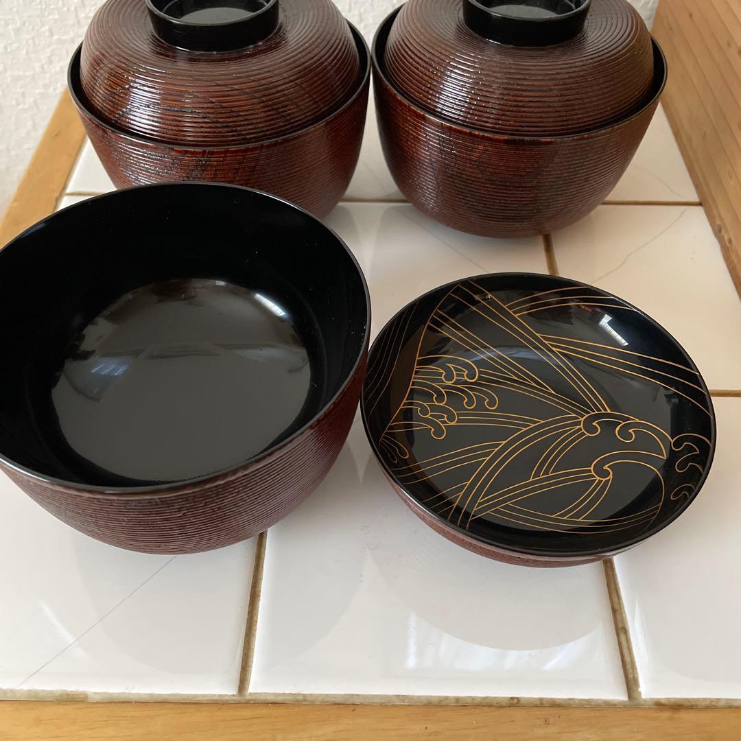 新品5客セット栄斉 木製 蓋付き 吸物椀 煮物椀金彩 糸目筋 沈金 蒔絵漆器お椀