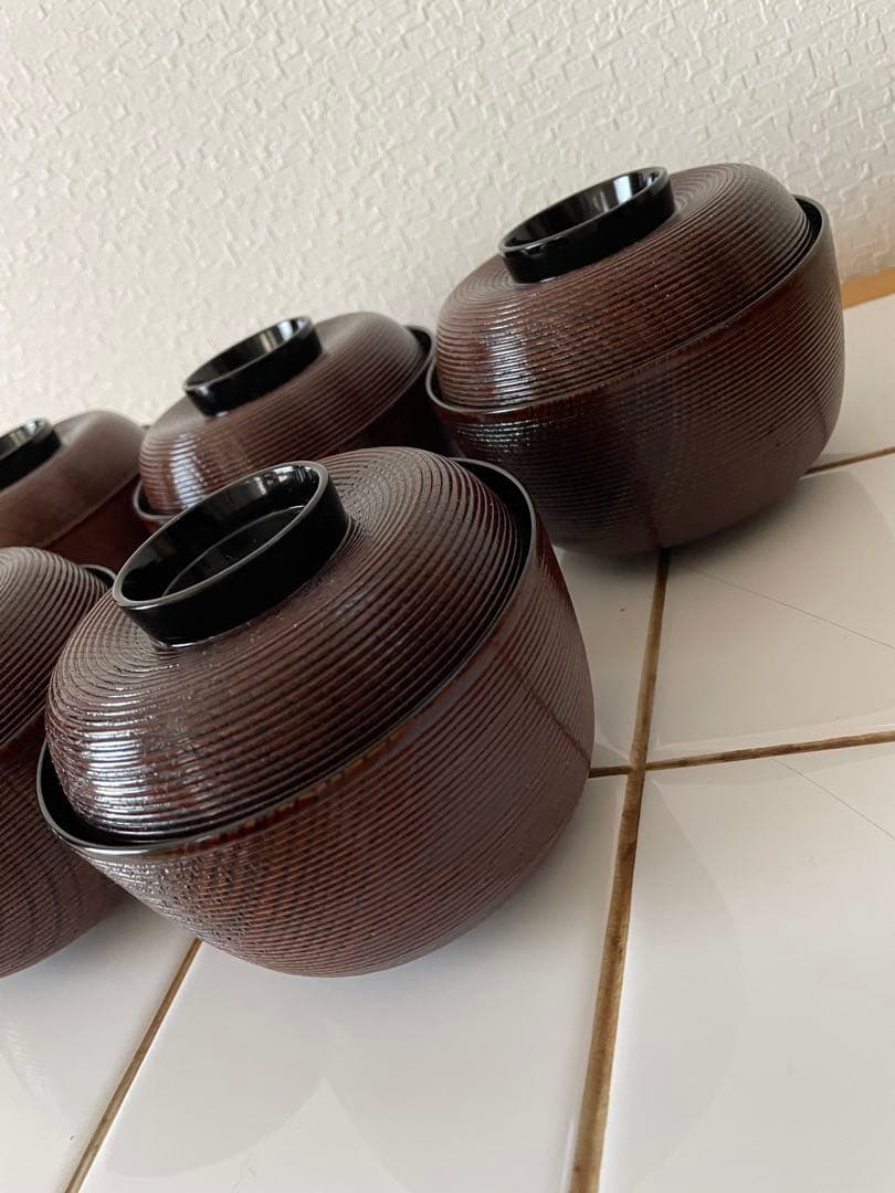新品5客セット栄斉 木製 蓋付き 吸物椀 煮物椀金彩 糸目筋 沈金 蒔絵漆器お椀