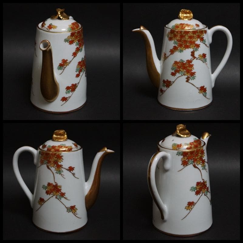 明治期 大村造 金彩赤色絵『紅葉文』オールドデミタスセット 里帰り