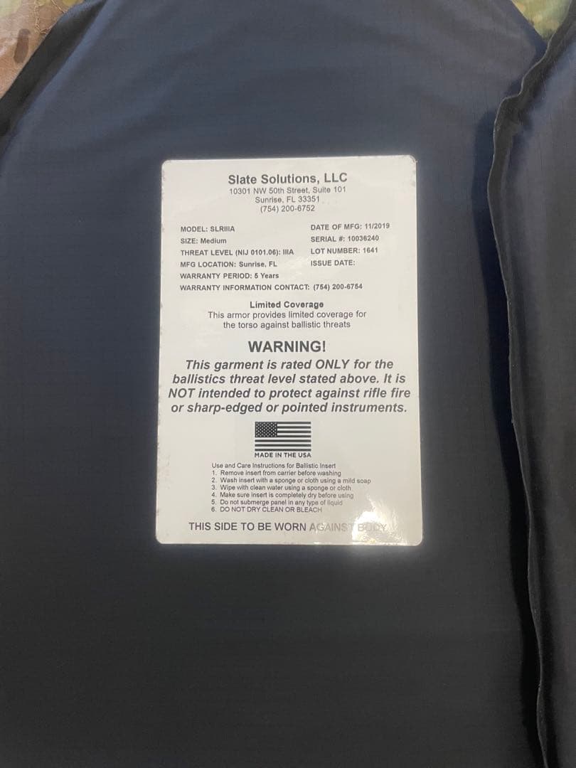 実物 防弾ソフトアーマープレート NIJ IIIA Medium 米国製M111