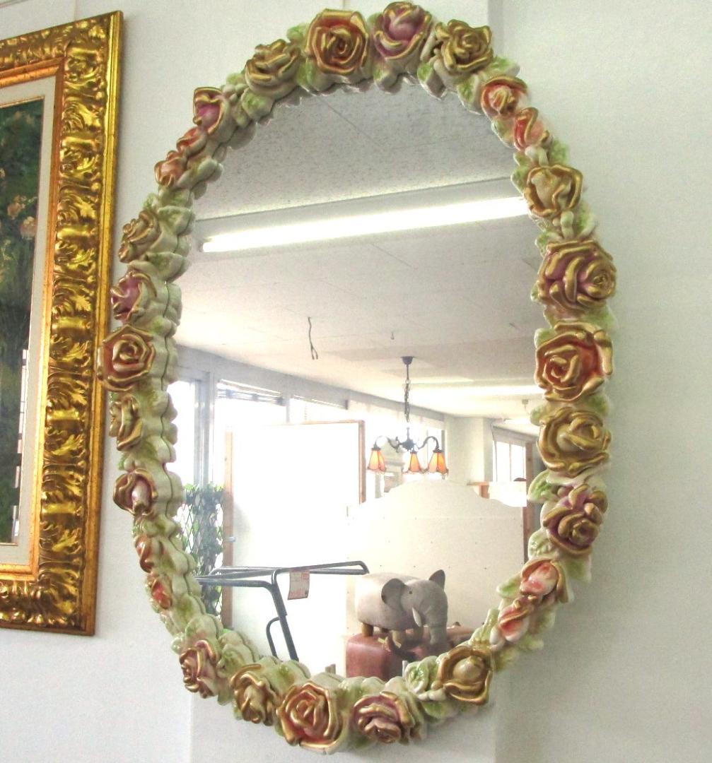 ロココ　ローズ　ミラー　鏡　壁掛ミラー　アンティーク　ベルサイユ　宮殿　ピンク