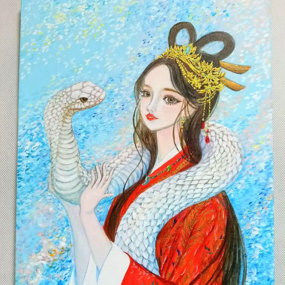 No.550 アクリル画 弁財天 白蛇 弁天様 蛇の絵 開運絵画 原画 - メルカリ