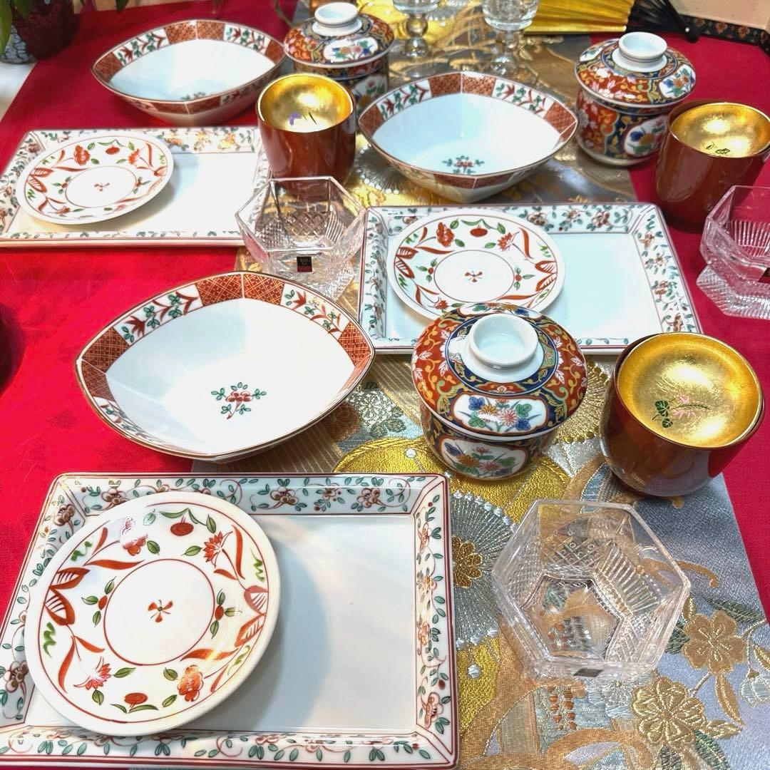 たち吉赤絵　菱型中鉢　角皿　茶碗蒸し　高台クリスタル　加賀金箔　No.3-32