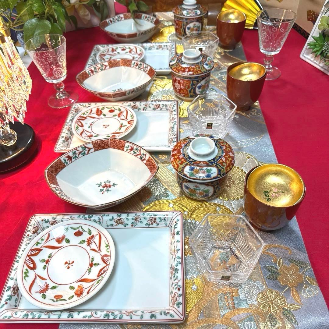 たち吉赤絵　菱型中鉢　角皿　茶碗蒸し　高台クリスタル　加賀金箔　No.3-32