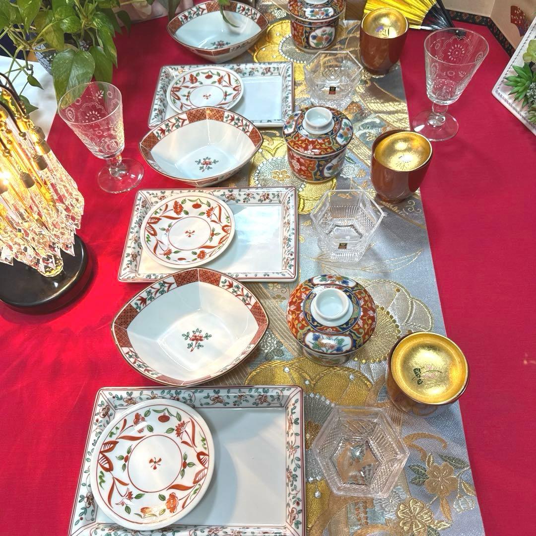 たち吉赤絵　菱型中鉢　角皿　茶碗蒸し　高台クリスタル　加賀金箔　No.3-32