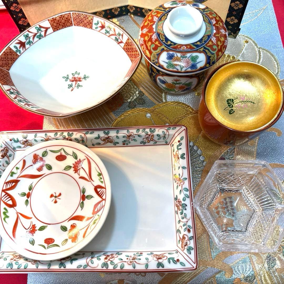 たち吉赤絵　菱型中鉢　角皿　茶碗蒸し　高台クリスタル　加賀金箔　No.3-32