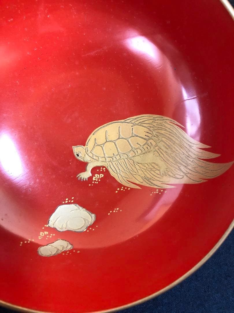 《レ》朱塗 鶴亀蒔絵 蓋内金 吸物椀5客 木製漆器 時代　251110う5