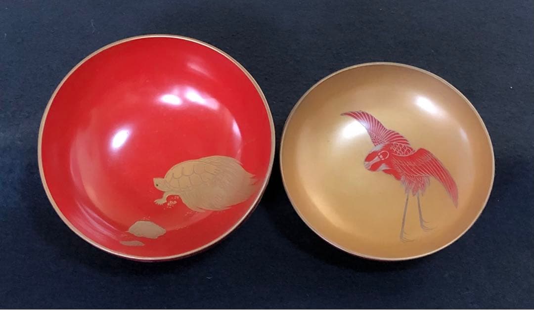 《レ》朱塗 鶴亀蒔絵 蓋内金 吸物椀5客 木製漆器 時代　251110う5