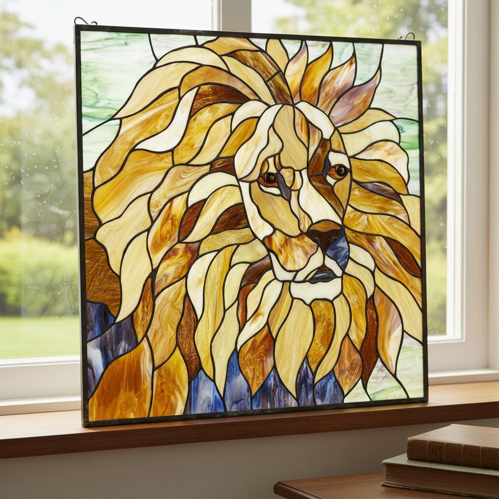 特大54cm ヴィンテージ ステンドグラス ライオン パネル 縁起物 風水