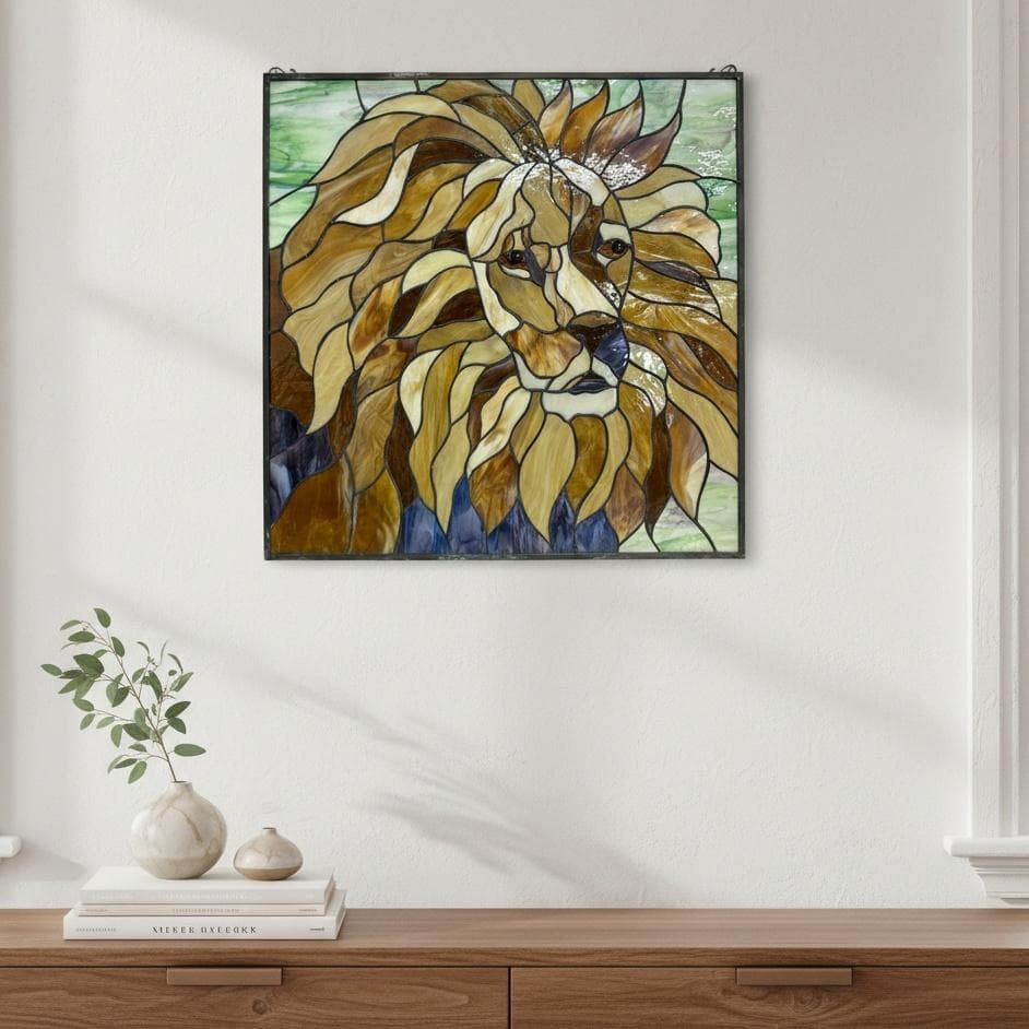 特大54cm ヴィンテージ ステンドグラス ライオン パネル 縁起物 風水