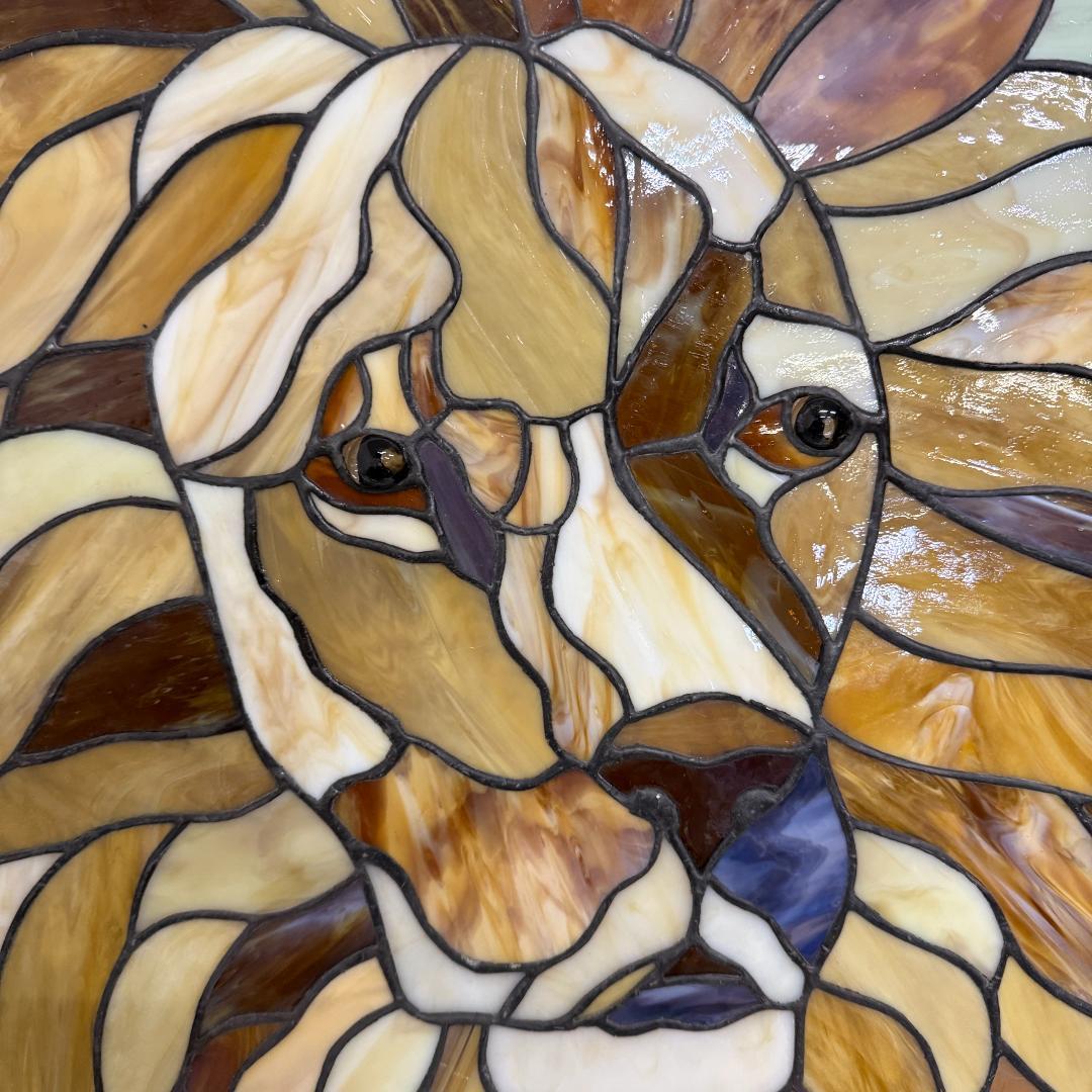 特大54cm ヴィンテージ ステンドグラス ライオン パネル 縁起物 風水