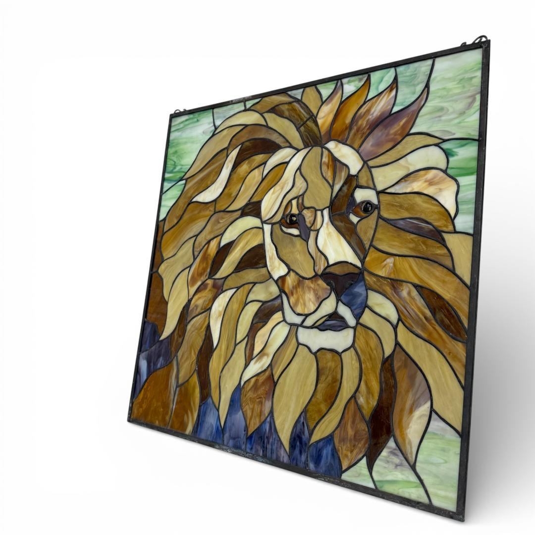 特大54cm ヴィンテージ ステンドグラス ライオン パネル 縁起物 風水