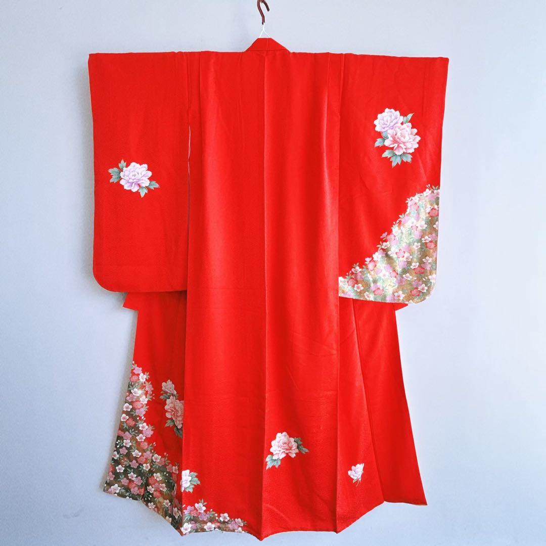 フルセット 七五三 7歳女の子長着＆長襦袢＆帯＆小物　赤　地紋　紗綾形　牡丹　桜