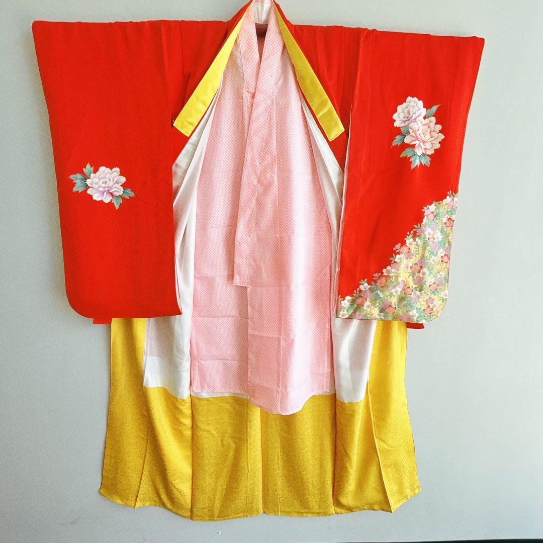 フルセット 七五三 7歳女の子長着＆長襦袢＆帯＆小物　赤　地紋　紗綾形　牡丹　桜