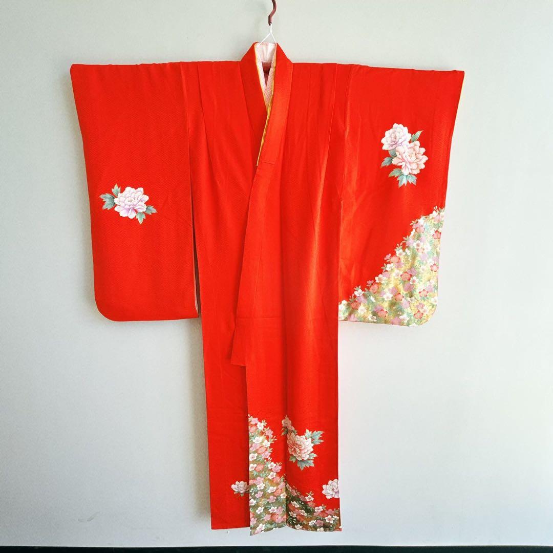 フルセット 七五三 7歳女の子長着＆長襦袢＆帯＆小物　赤　地紋　紗綾形　牡丹　桜