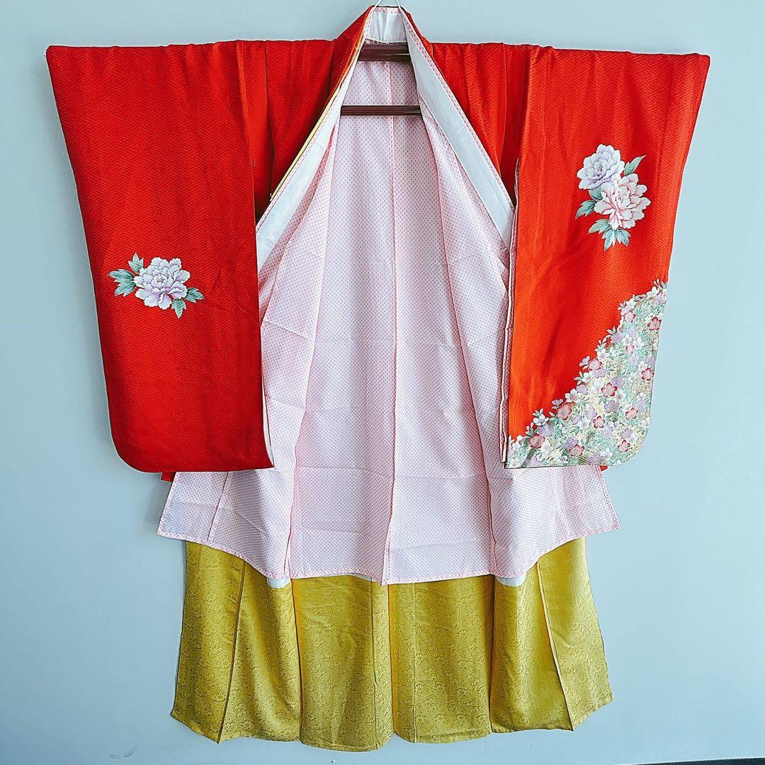 フルセット 七五三 7歳女の子長着＆長襦袢＆帯＆小物　赤　地紋　紗綾形　牡丹　桜