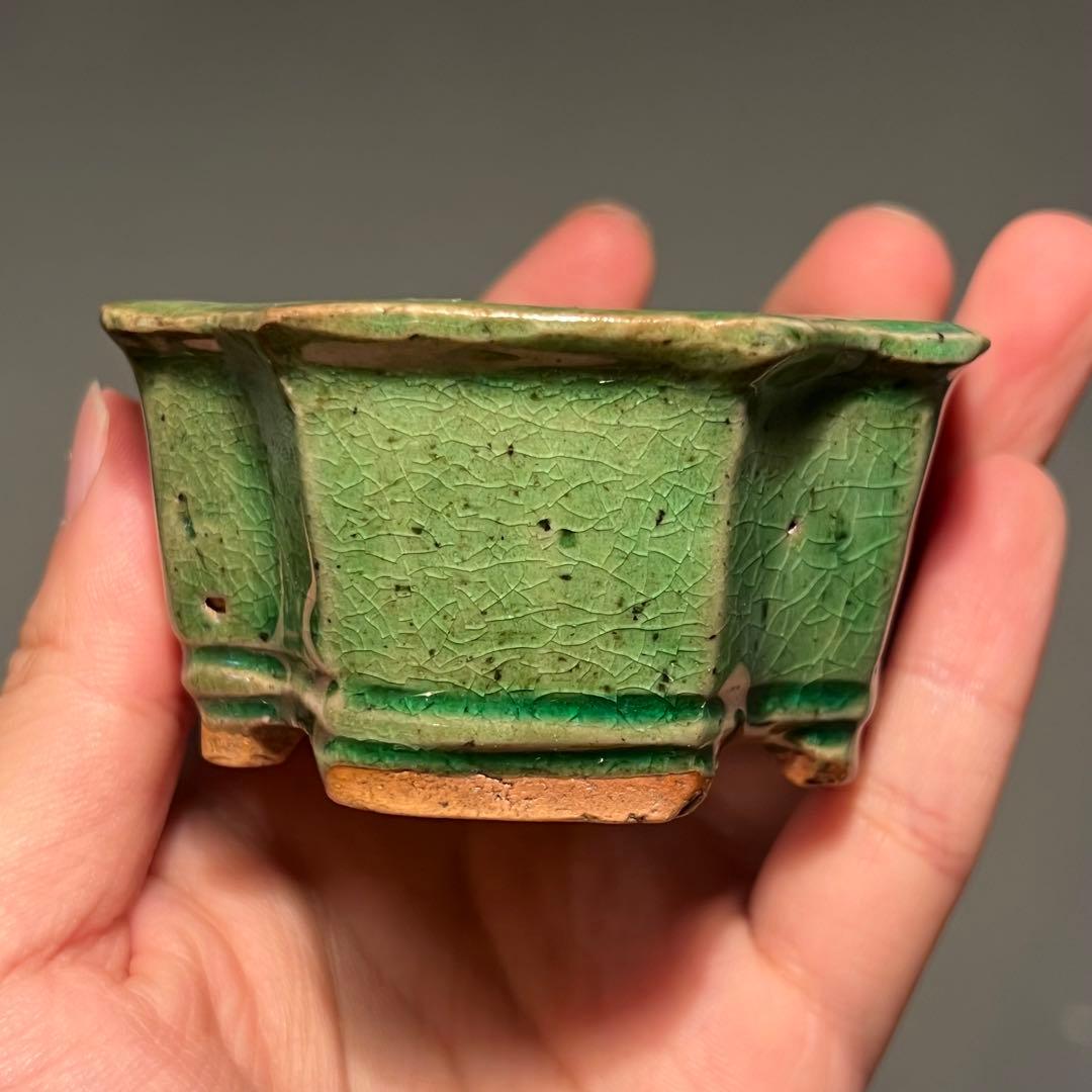 796.獅子丸 緑釉隅角正方 盆栽鉢 植木鉢 7.8*7.8*4.1cm
