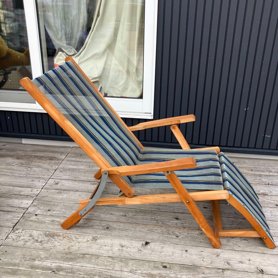昭和レトロ 木製フレーム リクライニングチェア アウトドアチェア 折りたたみ式