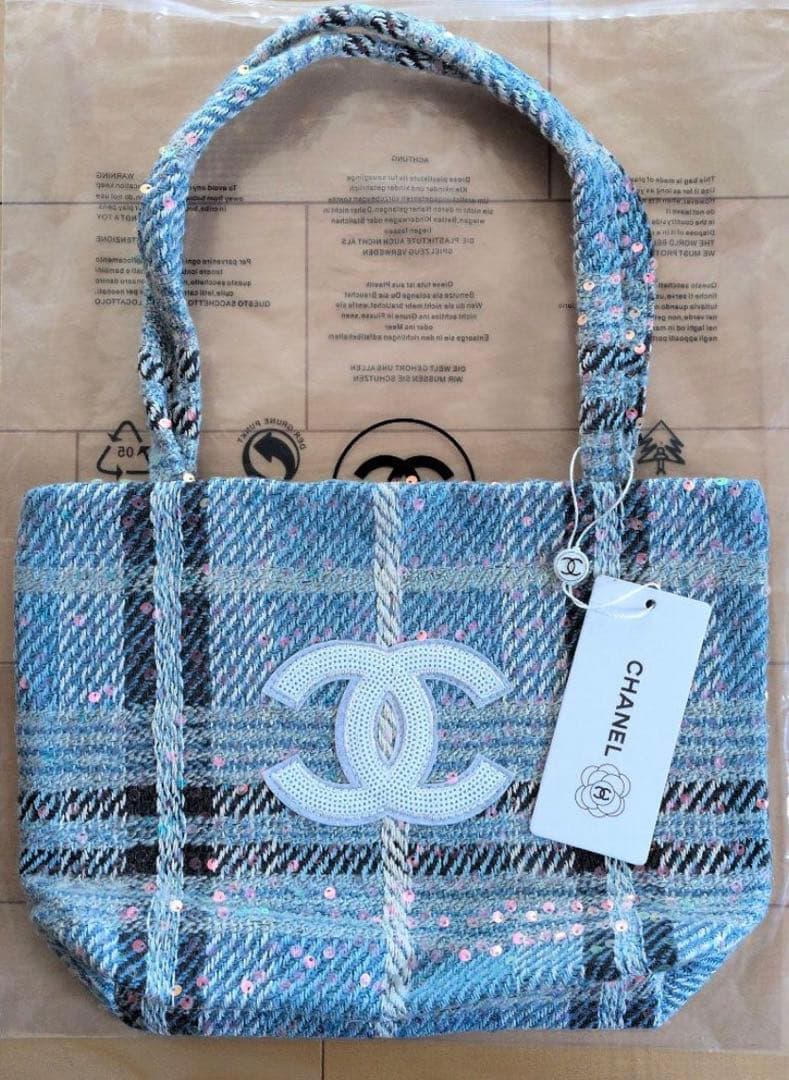 CHANEL シャネル ツイード チェック トートバッグ 水色 新品 - メルカリ