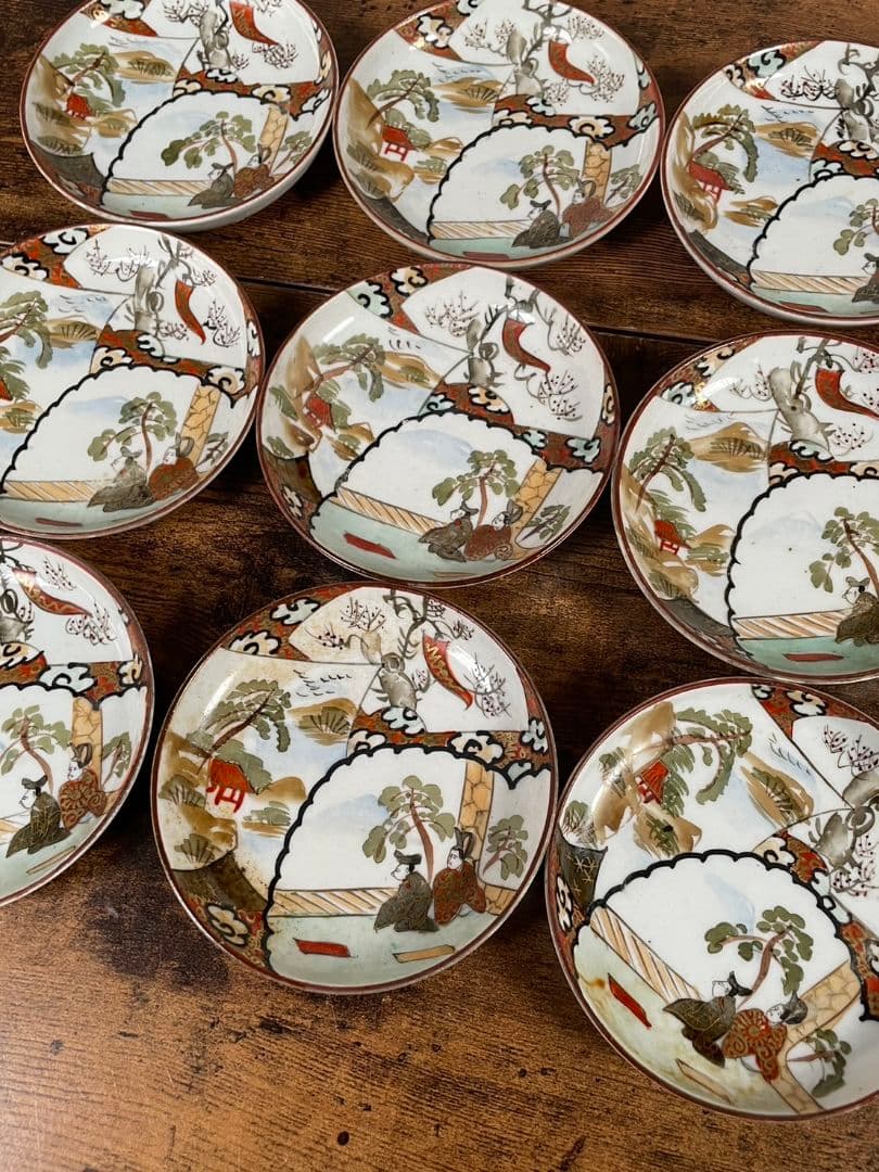 明治期　赤絵人物図豆皿10客＋小皿10客