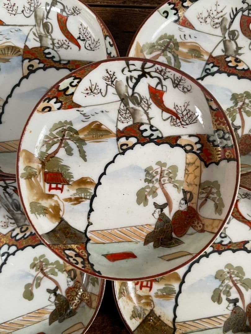 明治期　赤絵人物図豆皿10客＋小皿10客