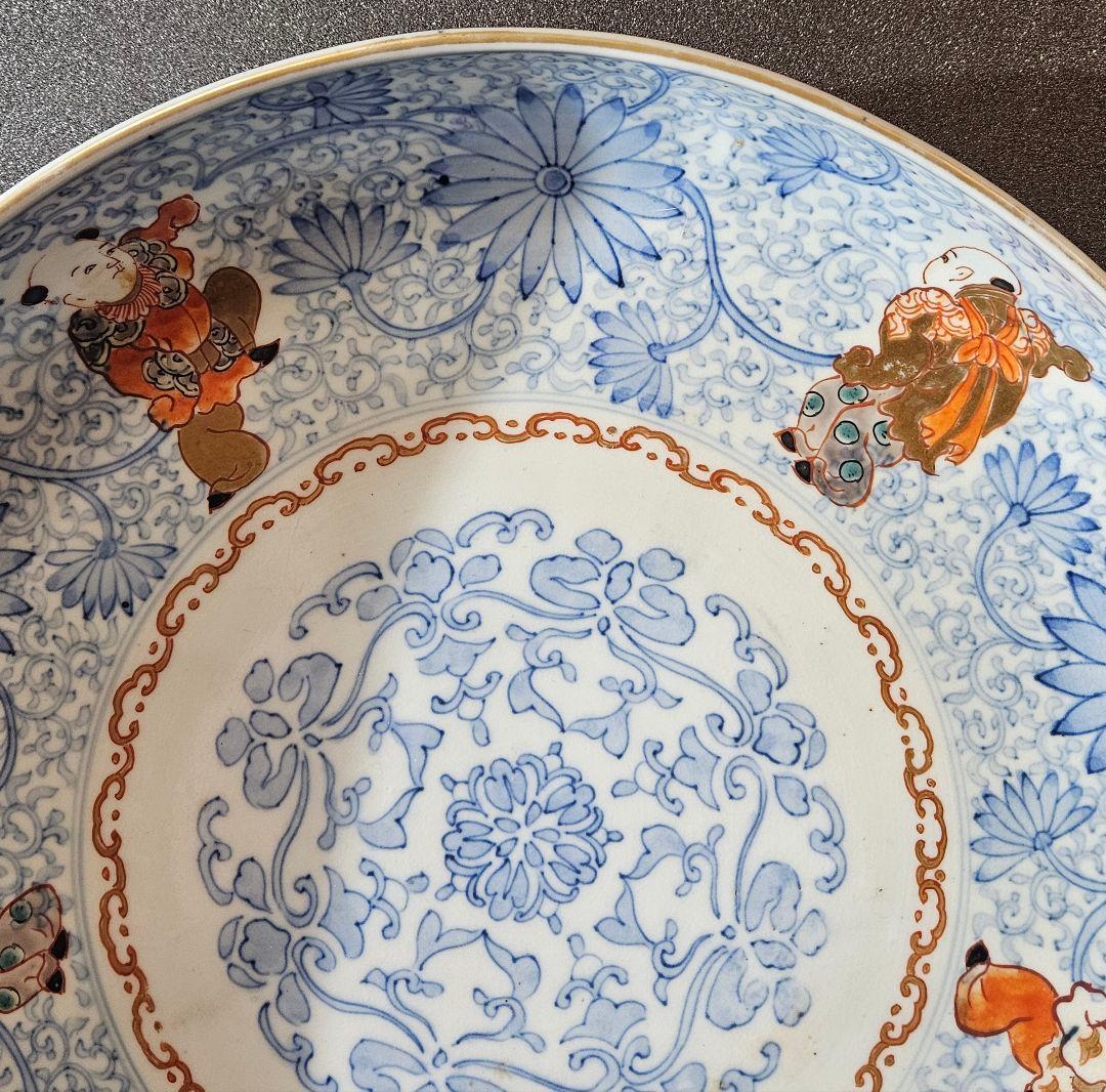 大名品❗】江戸時代　古伊万里　染錦　 唐草文に金彩色絵唐子図　31.2cm大鉢