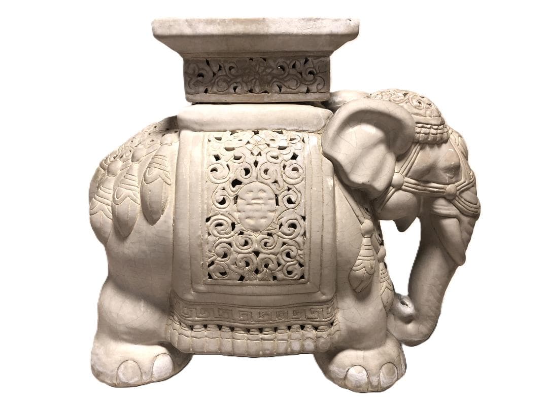 【 白釉象花台 】　アンティーク　吉祥蝙蝠文