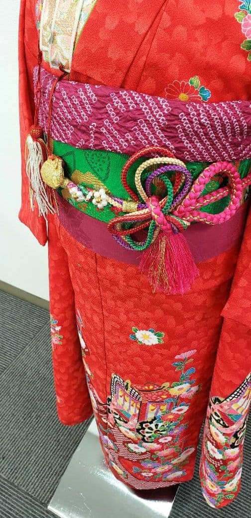 七五三　7歳　120cm　ポリエステル　赤　つくり帯