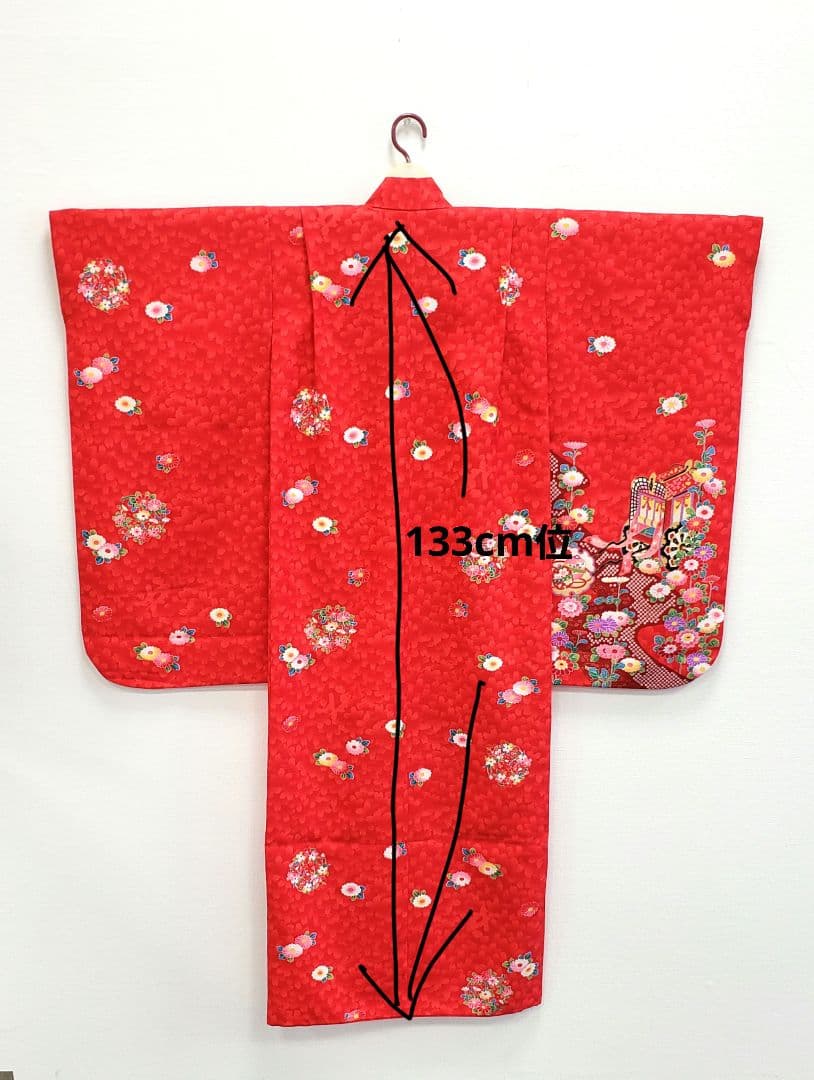 七五三　7歳　120cm　ポリエステル　赤　つくり帯