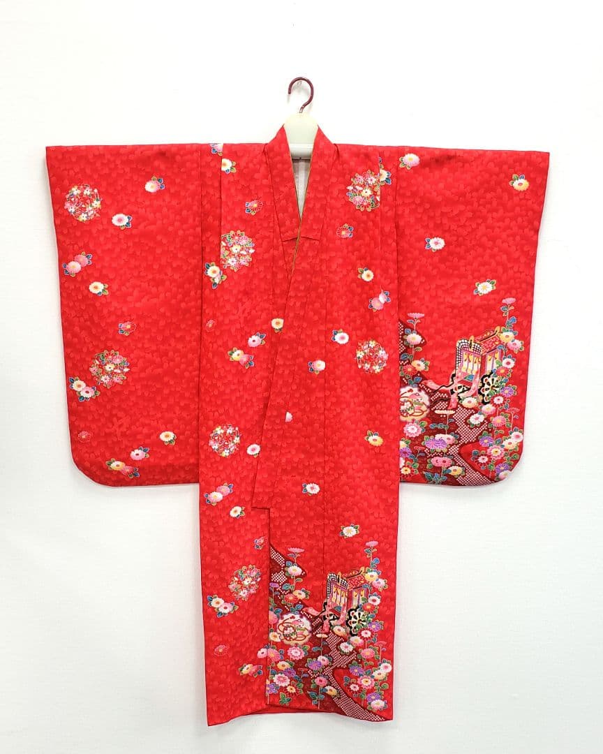 七五三　7歳　120cm　ポリエステル　赤　つくり帯
