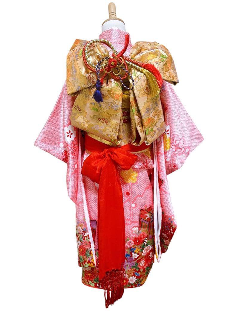 ピンク鹿の子柄♡七五三　7歳　女の子　フルセット　一式　パール付帯締め　ゴールド