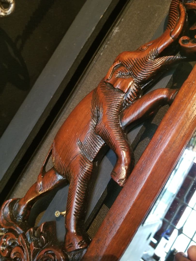 アンティーク　オールド　チーク　透かし彫り　細工　アカンサス　模様　ミラー　鏡