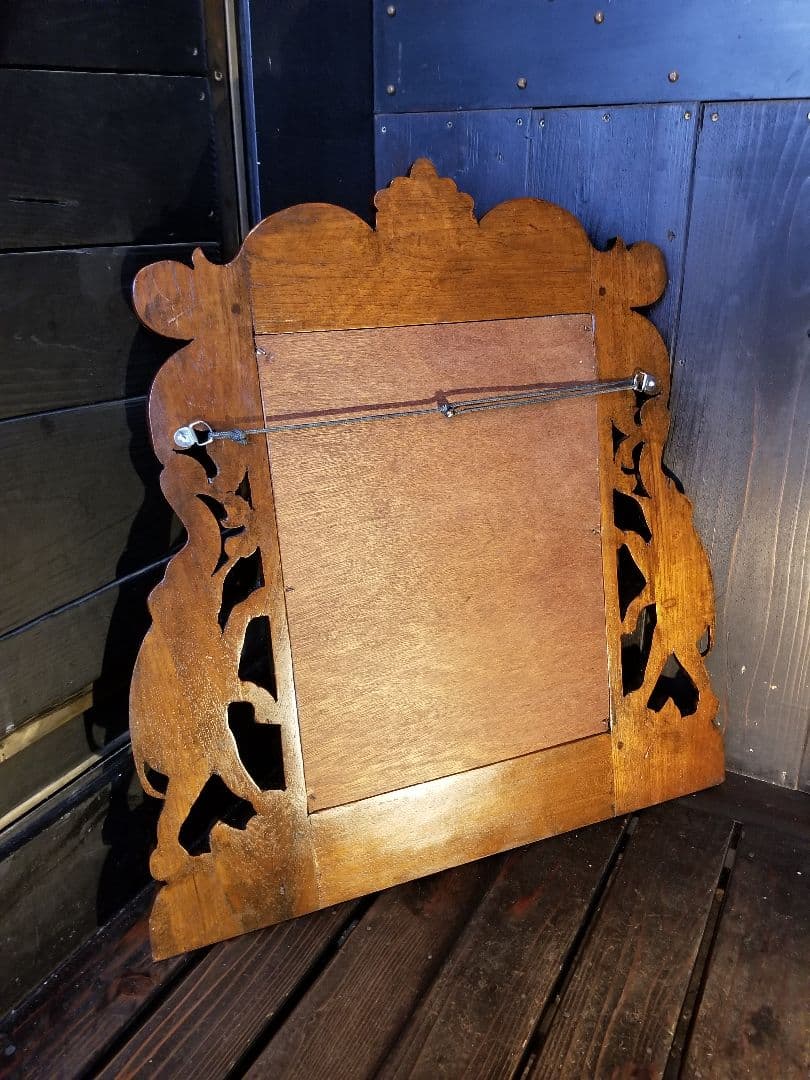 アンティーク　オールド　チーク　透かし彫り　細工　アカンサス　模様　ミラー　鏡