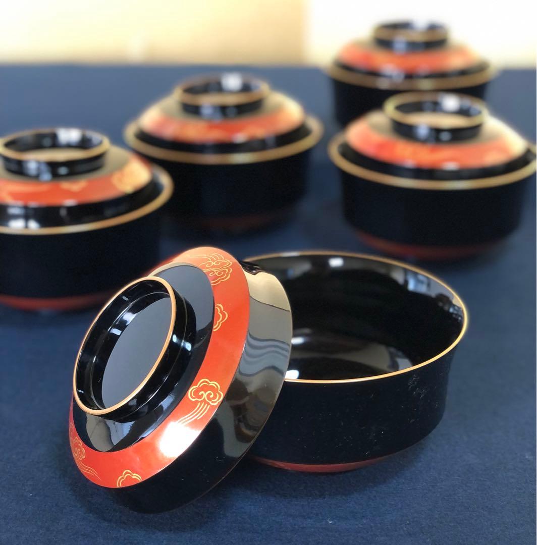 《R》輪島塗 煮物椀5客 塗師静峰 蒔絵師松三 共布 共箱 251218か1