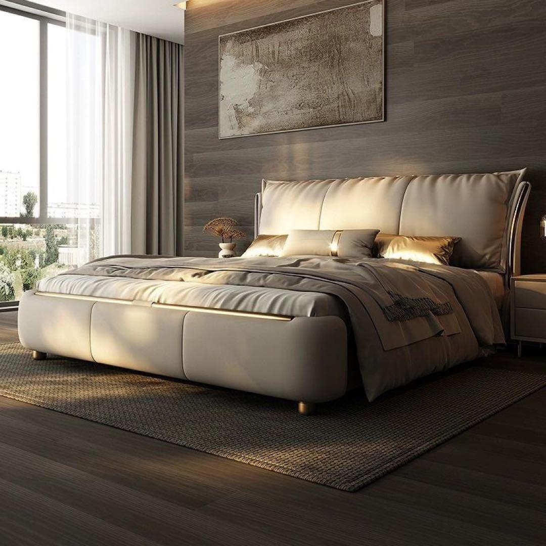 ラグジュアリー ベッド キングサイズ ベージュレザー