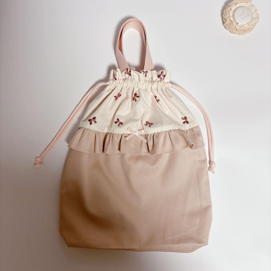 YURI様　レッスンバッグ　上履き袋　体操着袋　ヌビ　キルト　りぼん　刺繍生地