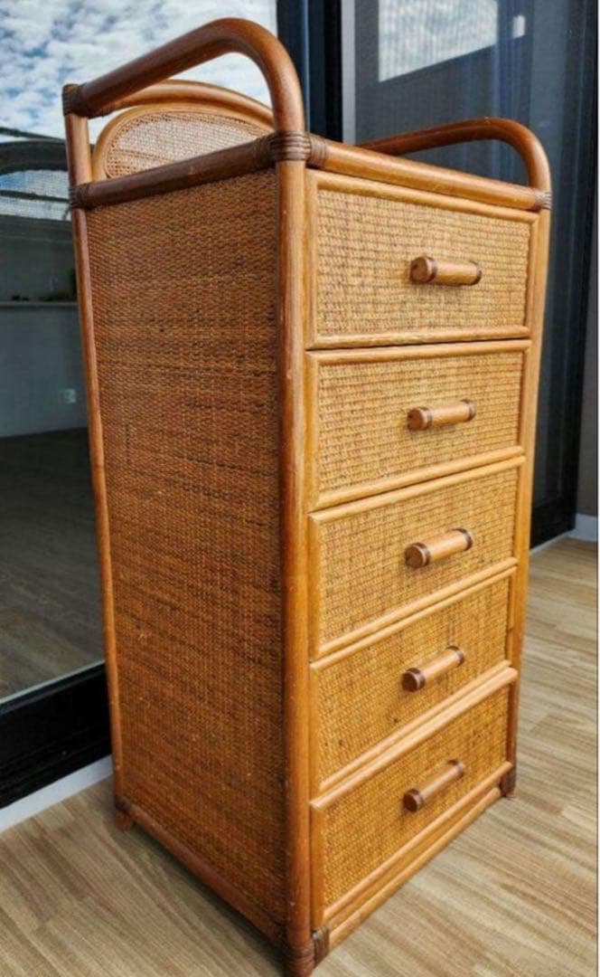籐家具 ラタン チェスト 5段高さ108cm アジアンテイスト アンティーク