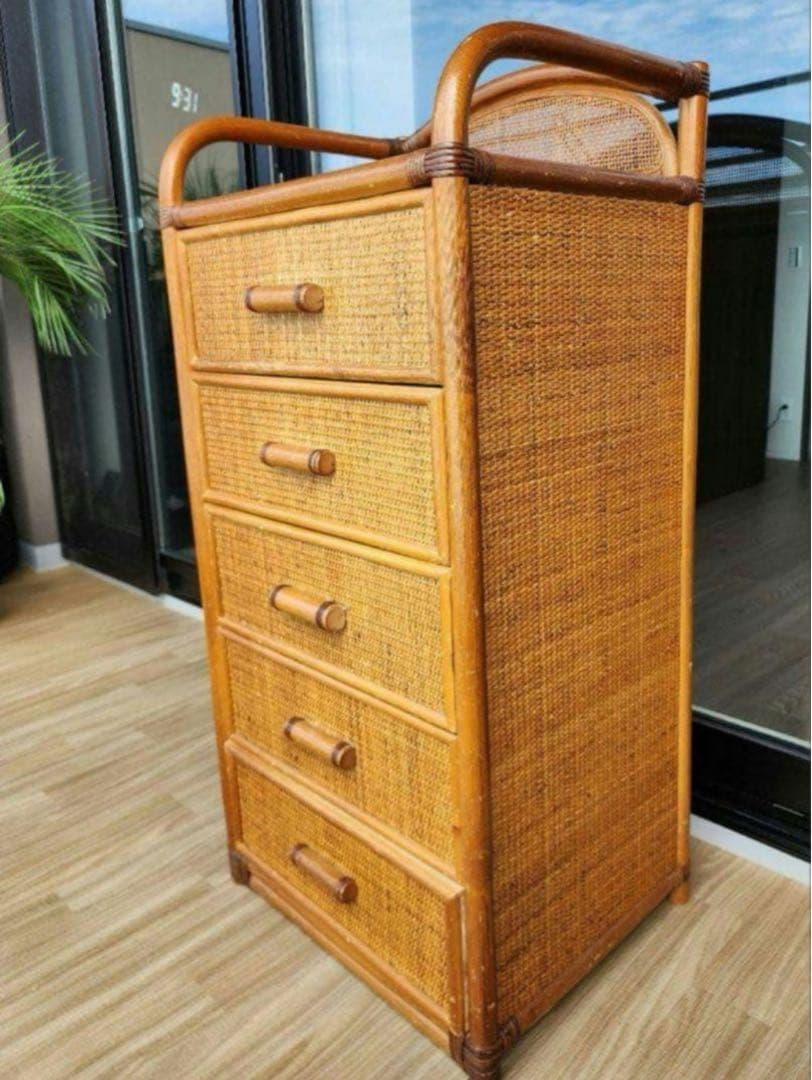 籐家具 ラタン チェスト 5段高さ108cm アジアンテイスト アンティーク