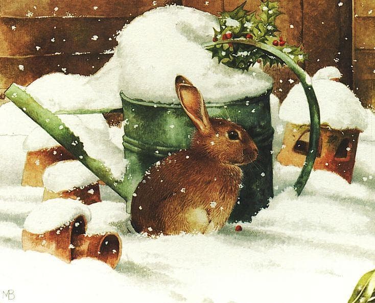 マージョリン・バスティン ヴィンテージ ステンドグラス 雪の中のウサギ 丸型