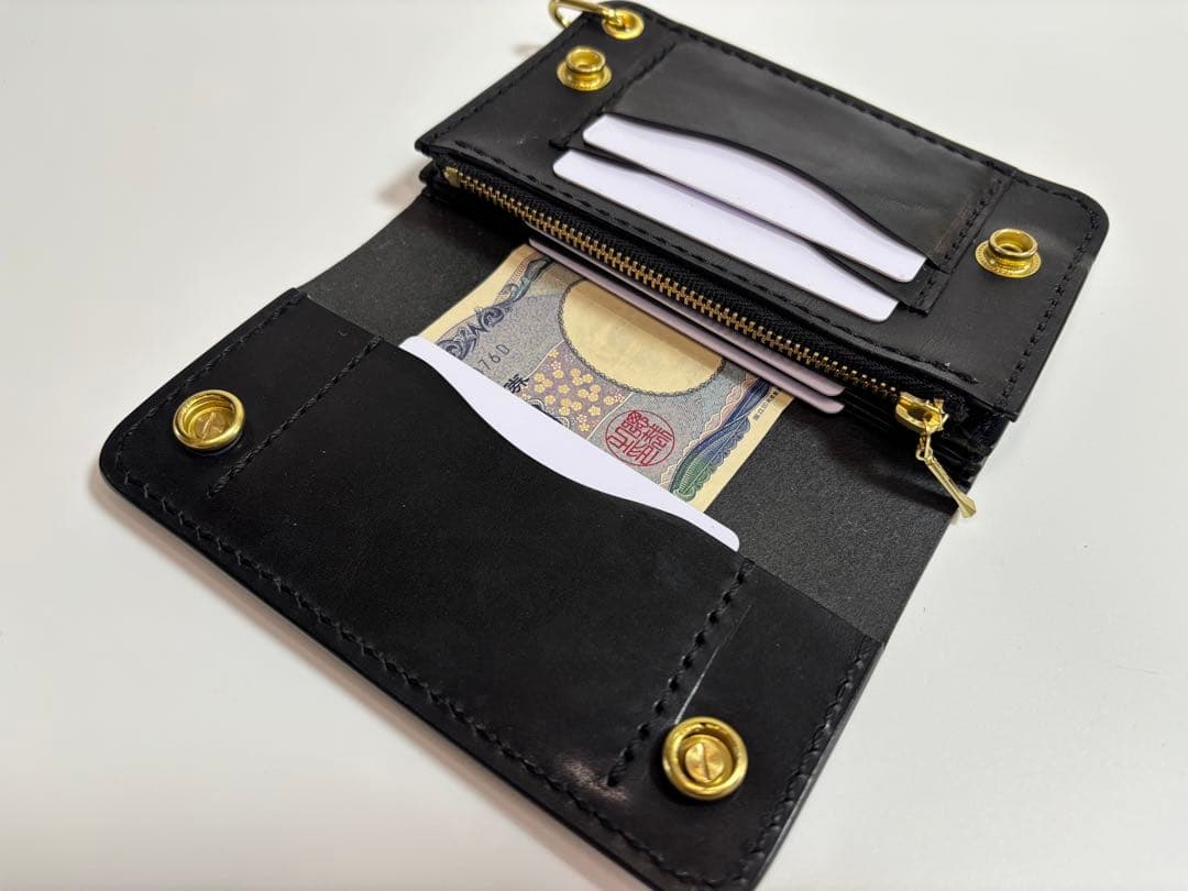 黒　栃木サドル　トラッカーウォレット【Ａ】　三層　真鍮 クロスボールコンチョ