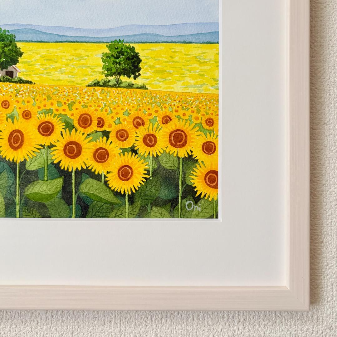 透明水彩画　原画　「ひまわり畑02」額縁付　４Fサイズ　風景画