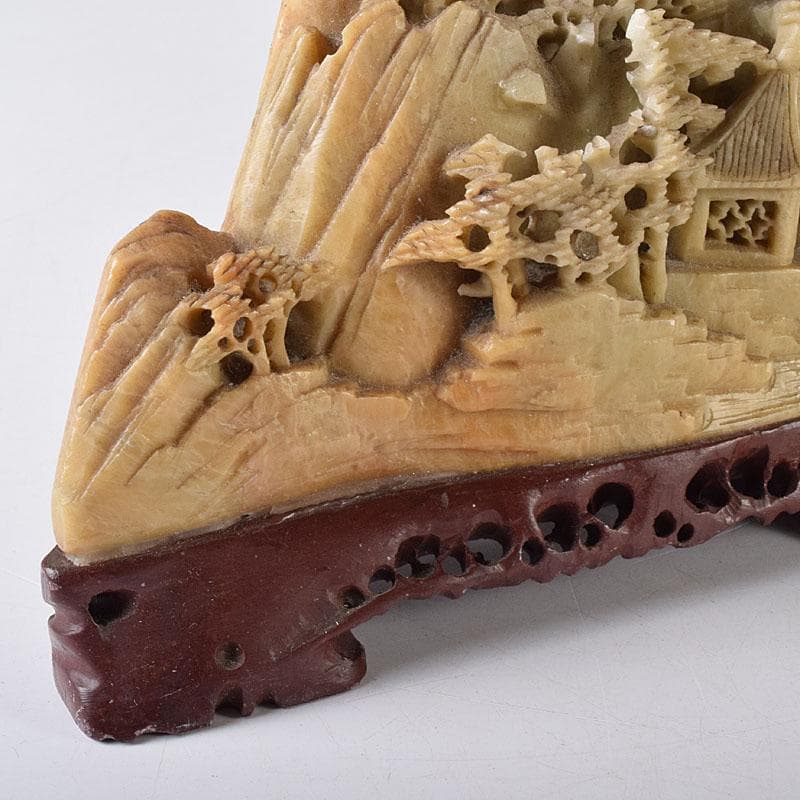 中国　玉石蝋石青田石　楼閣山水雕　床飾　置物　V　7609