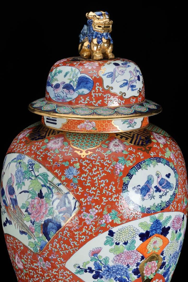 有田焼 染錦窓絵花鳥尽之図 獅子摘蓋付 沈香壺 特大99㎝ 飾壺 古美術 骨董品