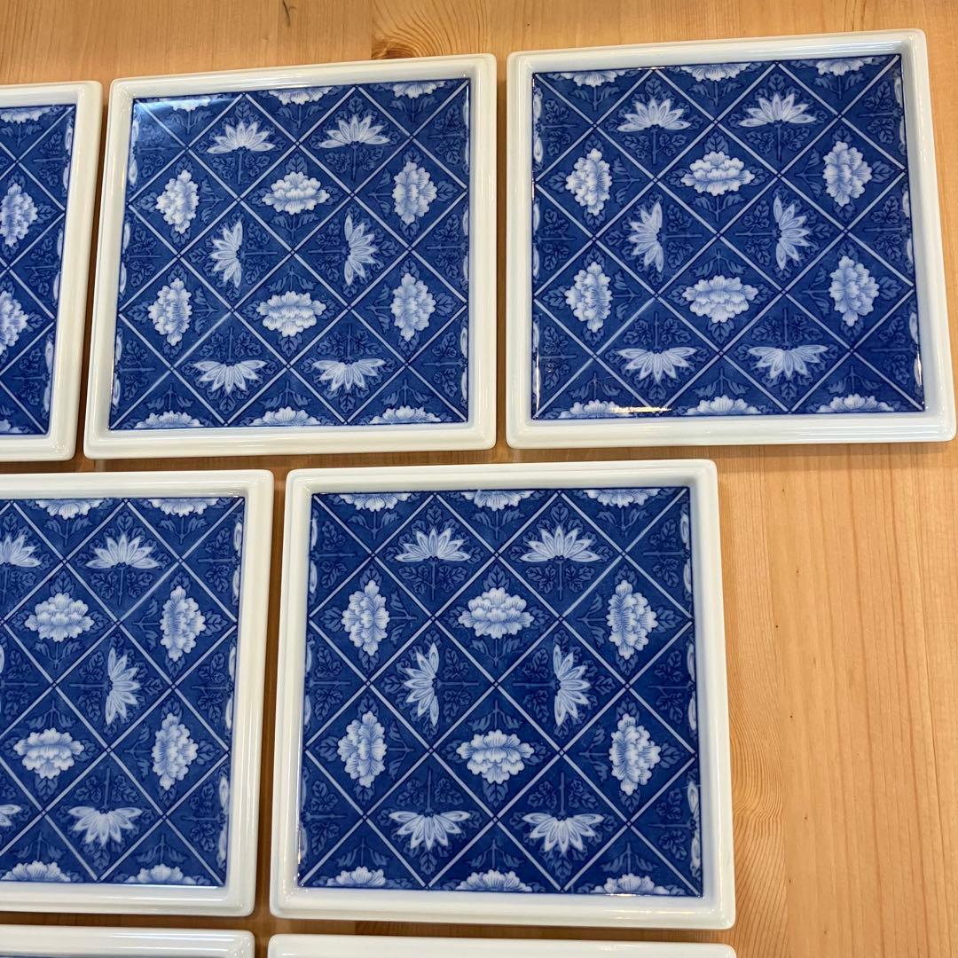 A2G29■オールド香蘭社 染付格子菊牡丹絵 角切方皿10枚 取り皿 銘々皿