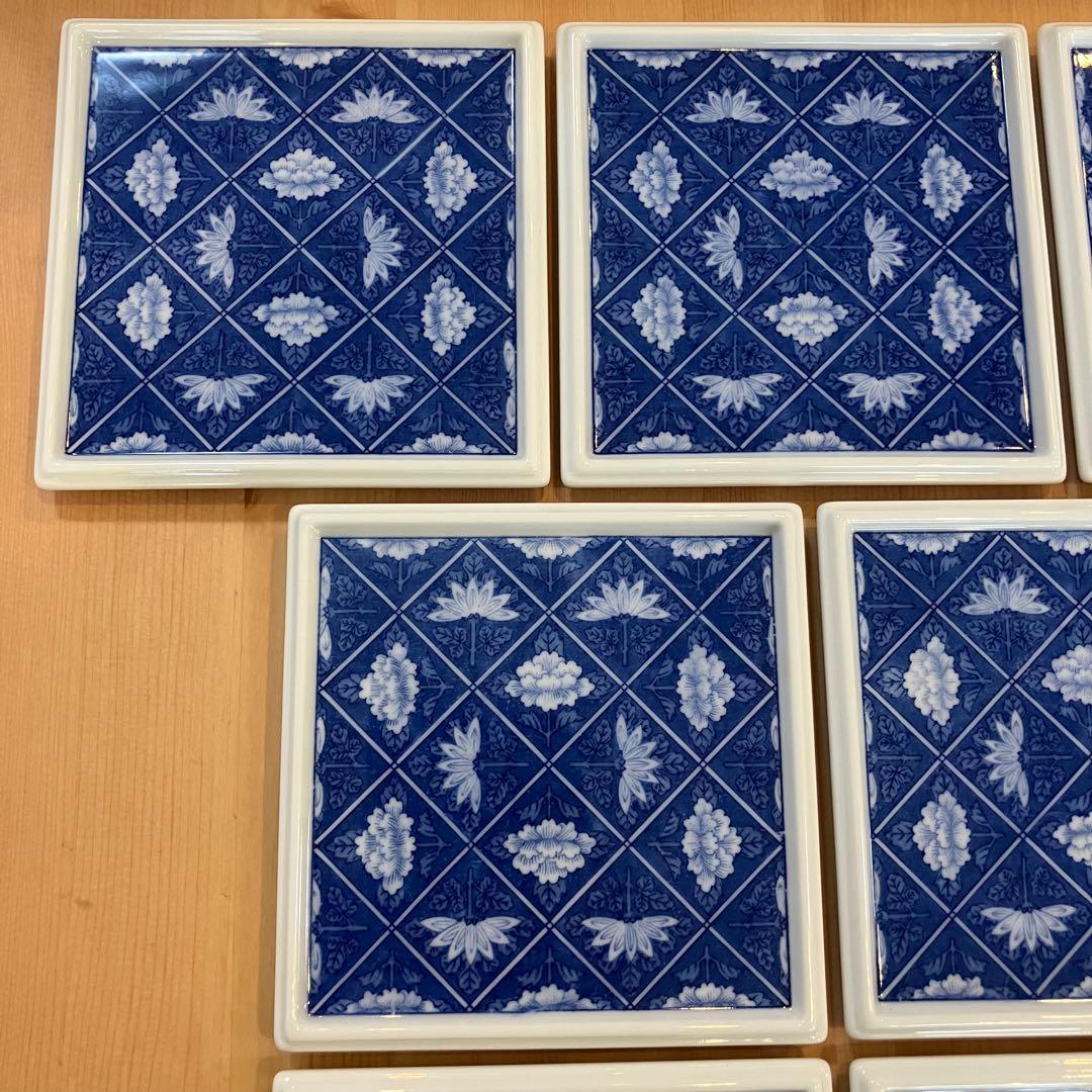 A2G29■オールド香蘭社 染付格子菊牡丹絵 角切方皿10枚 取り皿 銘々皿