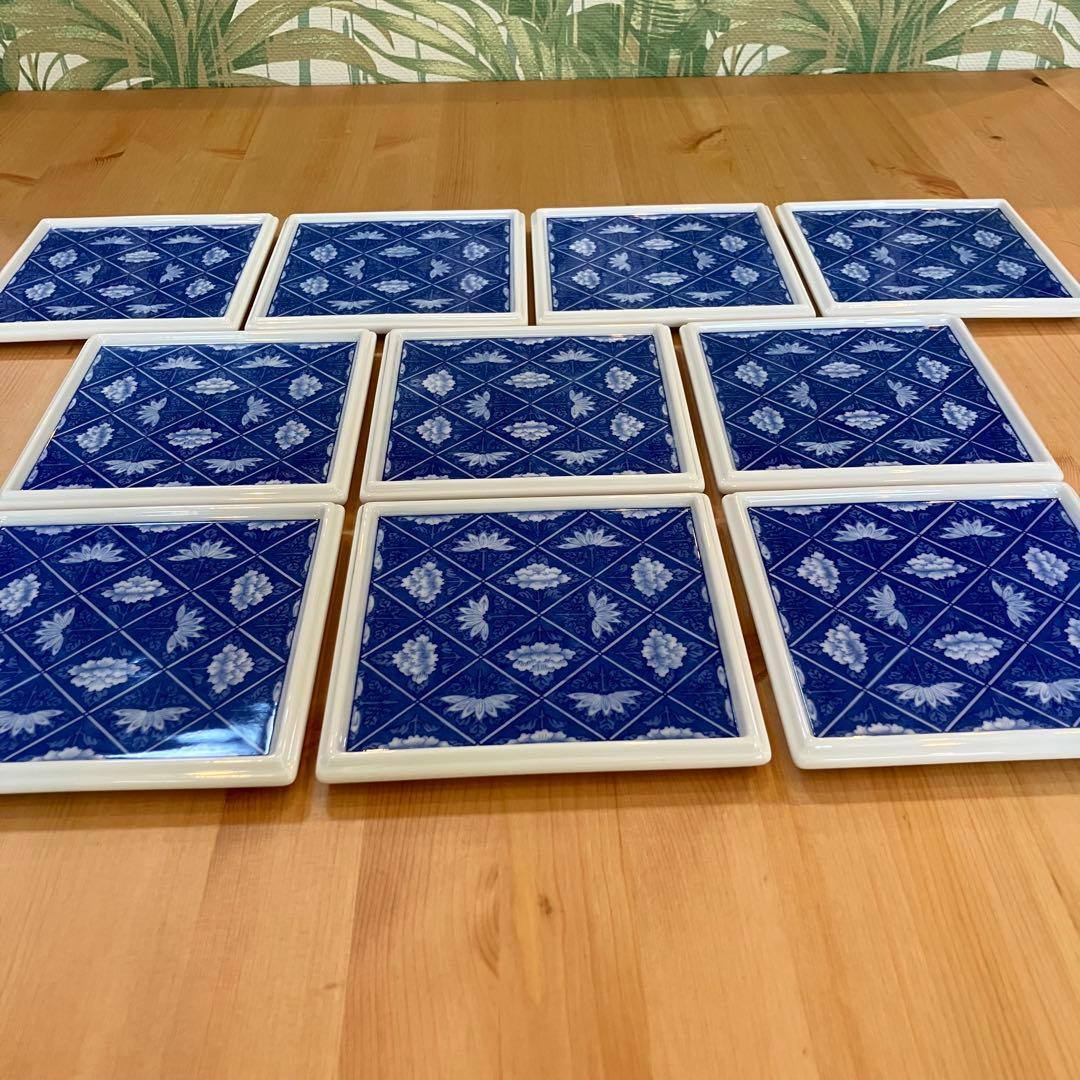 A2G29■オールド香蘭社 染付格子菊牡丹絵 角切方皿10枚 取り皿 銘々皿