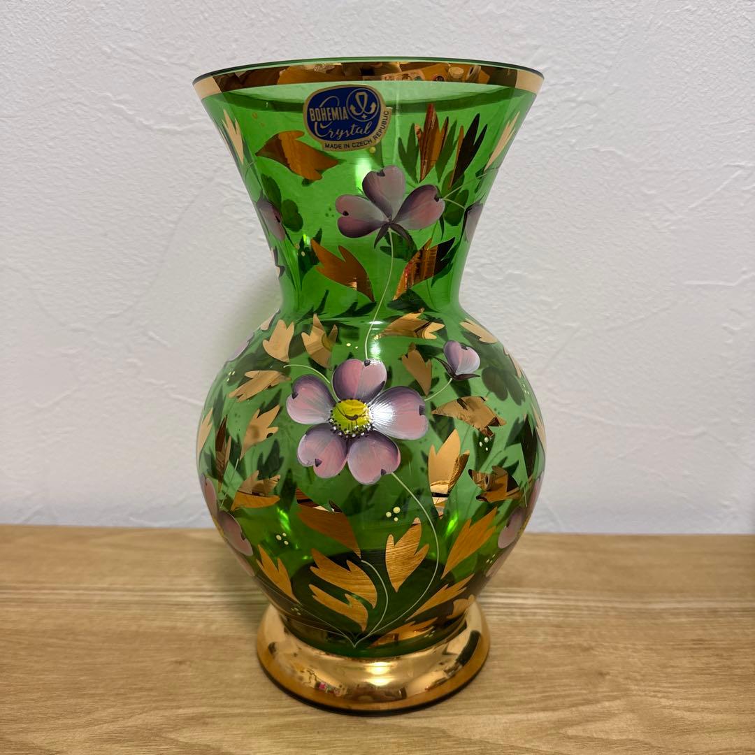 未使用 ボヘミアグラス ボヘミアングラス 花瓶 グリーン 花 金彩