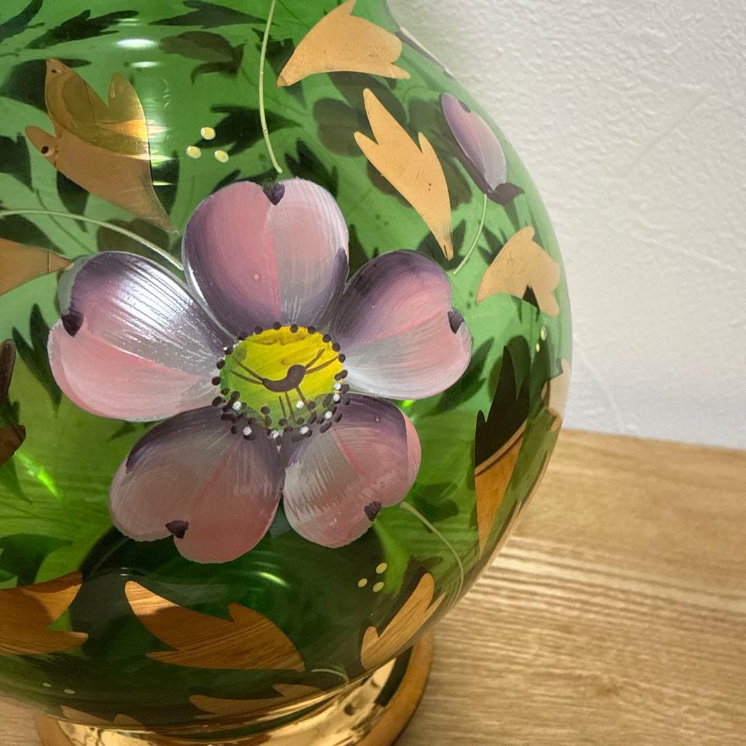 未使用 ボヘミアグラス ボヘミアングラス 花瓶 グリーン 花 金彩